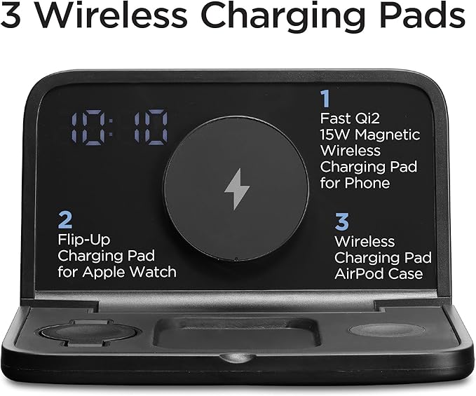 iHome Alarm Clock with Wireless Charging, Digital Alarm Clock for Bedroom Includes Wireless Charger for iPhone, AirPods, and Apple Watch (iWW7)