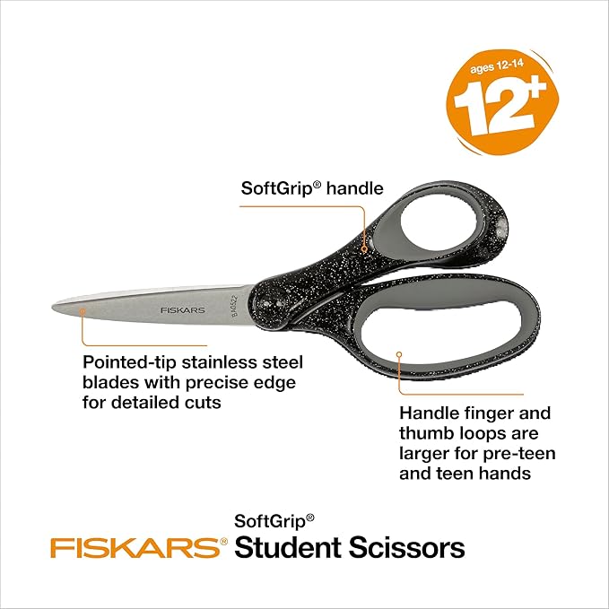 Fiskars 7" SoftGrip Student Glitter Scissors for Kids 12+ - Scissors for School or Crafting - Back to School Supplies - Black Glitter (Pack of 1)