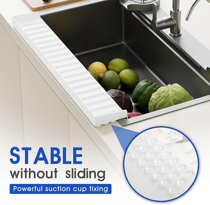 30"x4" Silicone Sink Edge Protector - Splash Guard with Suction Cups & 5° Tilt, Cuttable Edge Guard for Kitchen Sink, Bathroom,Granite & Quartz Countertops(White)