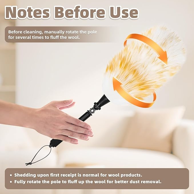 Extendable Lambswool Duster with 23-47 inch Rotatable Aluminium Alloy Pole, Natural Fluffy Reusable Wool Duster for Cleaning High Ceilings, Pendant Lamps, Blinds, Furniture and Roof
