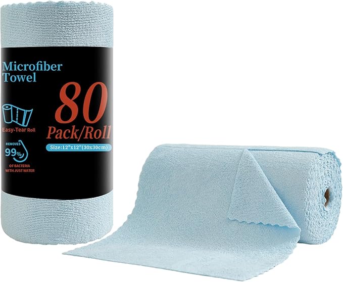 80 Pack Microfiber Cleaning Cloth Roll,Lint Free Rags & Tear Away Reusable Towels Washable Scratch,Ultra Absorbent Dish Rags(12" x 12") for Car Kitchen Home Garage-Blue