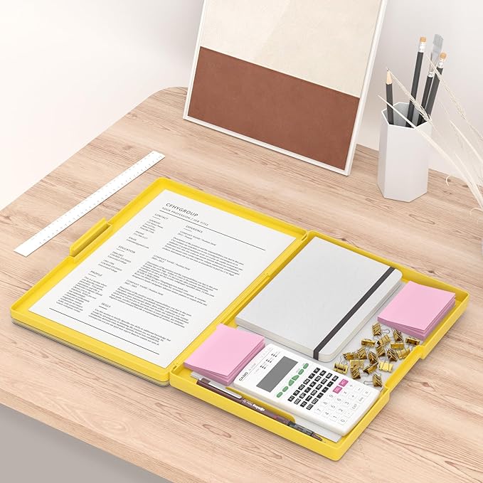 Rimilak Plastic Clipboard with Storage, Side Opening with 2 Compartment, Size 13.3 x 9.4 x 1.5 Heavy Duty High Capacity Nursing Box for Work School & Office Supplies, Yellow