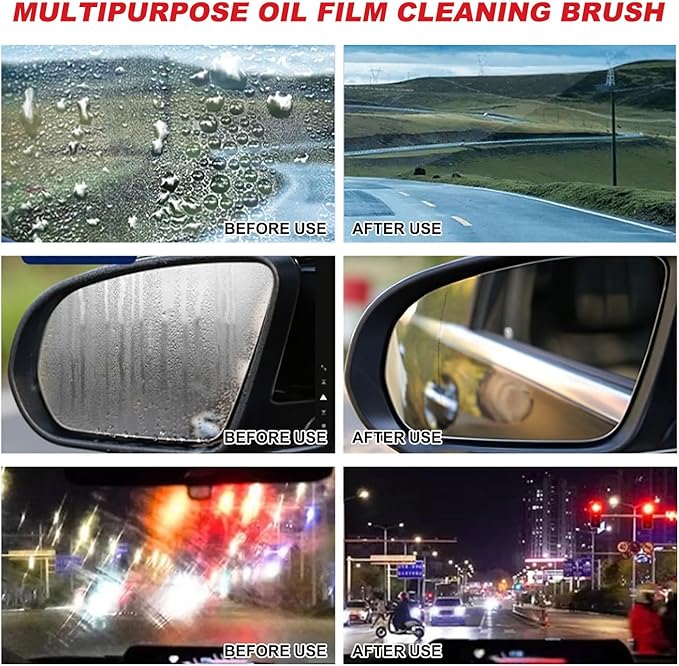 Car Glass Oil Film Cleaner, Automotive Oil Film Cleaning Brush for Car Windows, Clear Vision Glass Cleaner, Cars Windshield Cleaner Tool, Anti-Rain Fog Cleaning Glass Brush (2 Brushes + 2 Refills)