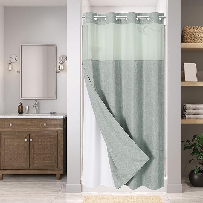Stall No Hooks Needed Linen Textured Shower Curtain with Snap-in Fabric Liner Set,Hotel Luxury Decor Shower Curtains for Bathroom,Waterproof & Washable,60Wx74H,Sage Green