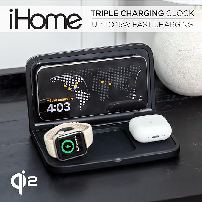 iHome Alarm Clock with Wireless Charging, Digital Alarm Clock for Bedroom Includes Wireless Charger for iPhone, AirPods, and Apple Watch (iWW7)