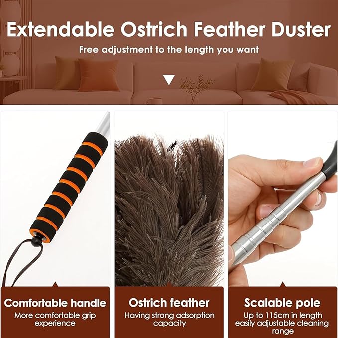 Duster with Extension Pole - 61-Inch Soft Feathers Dusting Mop, Anti-Static Washable Duster | Long Reach Cleaning Tool for Vents, Blinds, Baseboards, Fans, RV, Car, Outdoor Pet Hair Remova