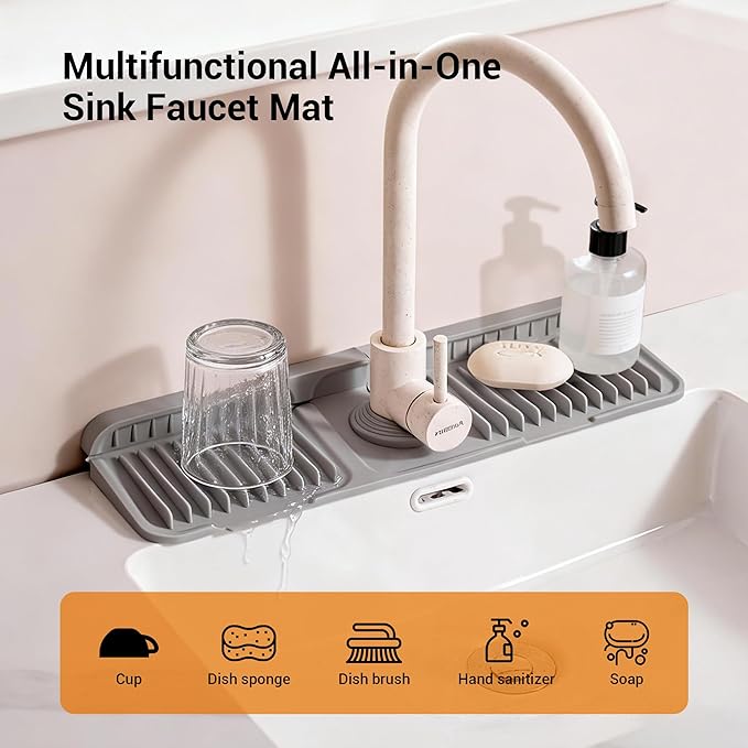 Faucet Mat for Kitchen Sink, 17.7"X5.5" Silicone Sink Splash Guard with Soap Holder, Snap-On Design & 7°slope Fast Drain, Folding Sink Faucet Mat for Universal Kitchen Bathroom Sink（Grey）