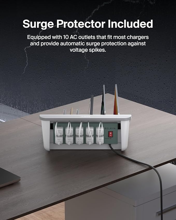 Belkin Charging Station for Laptops with Surge Protector - 10 Device USB Charging Dock for Tablets, Chromebooks – Cable Management for Classrooms, Offices, Tech Labs, Shared Spaces, & More, Grey