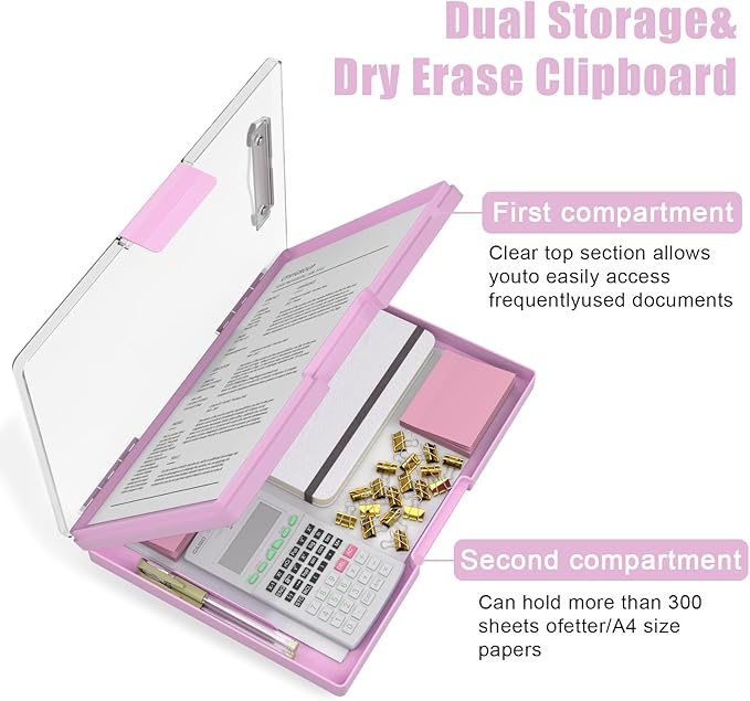 Hongri Clipboard with Storage, PalePink 8.5 x 11 Folder Nursing Side Opening, Heavy Duty with Dual Compartment, Smooth Writing for Teacher, Size 13.3 x 9.4 x 1.5 in, Office & School Supplies