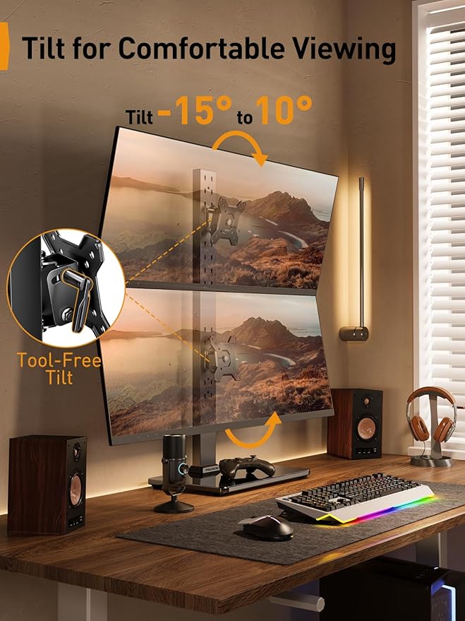 Perlegear Dual Vertical Monitor Stand for 13-40 inch Screen, Gaming Monitor Stand for 3080 3090 Ti, Dual TV Stand with 360 Degree Rotation, 13 Height Settings, Max VESA 100x100mm, PGTVS30