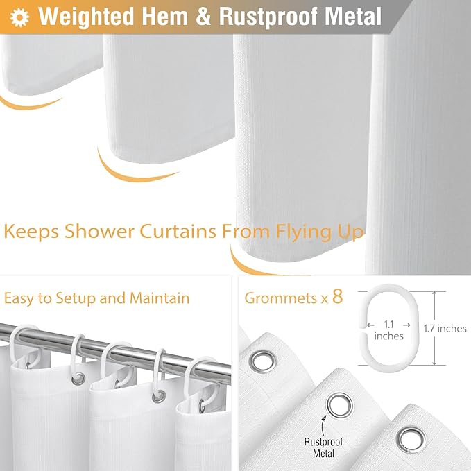 BTTN Fabric Shower Curtain, Linen Textured Heavy Duty Polyester Cloth Shower Curtain Set with Plastic Hooks, White, 48" W x 72" L (Pack of 1)
