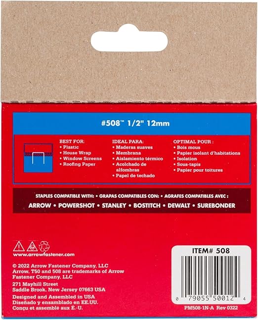 Arrow 508 Heavy Duty T50 1/2-Inch Leg Length, 3/8-Inch Crown, Staples for Upholstery, Construction, Furniture, Crafts, 1250 Count(Pack of 1)