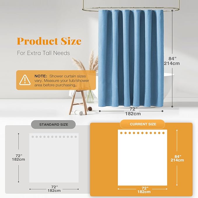 BTTN Extra Long Shower Curtain - 84 Inch Blue Linen Textured Heavy Duty Fabric Shower Curtain Set with 12 Hooks, Tall Luxury Simple Waterproof Cloth Shower Curtains for Bathroom, 72x84, Moonlight Blue