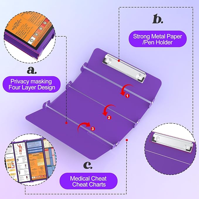 Nursing Clipboard Foldable-4 Layers Aluminum Nurse Foldable Clipboard Nursing Medical Edition Cheat Sheets, Pocket Size Pen Clip for Nurses Students School and Doctors-Purple Christmas Gifts Idea