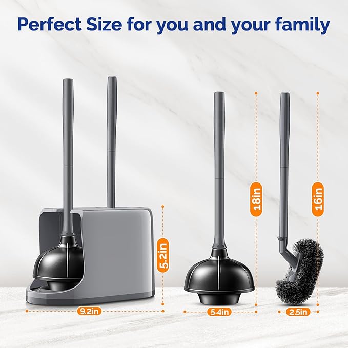 HAMITOR Toilet Plunger and Brush Set for Bathroom Cleaning with Extented Handle - Heavy Duty Toilet Plunger Combo Accessories with Caddy Stand Holder for Small Space - Gray