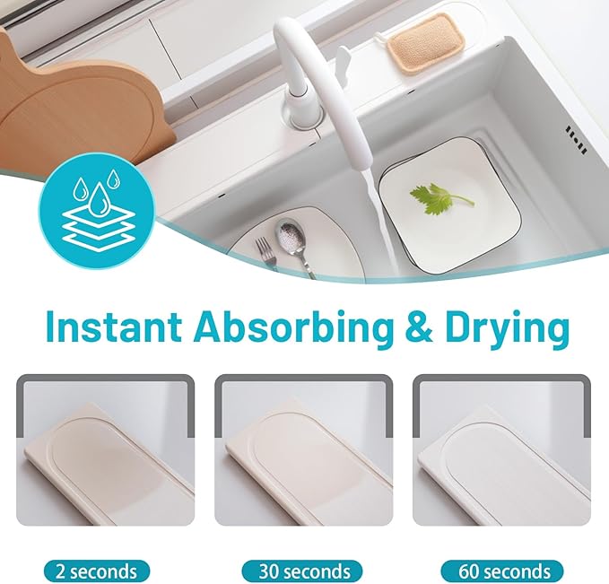 Faucet Mat for Kitchen Sink with Raised Feet, Fast Drying Diatomite Stone Sink Tray, Water Absorbent Faucet & Sink Splash Guard, Prevents Moisture Buildup, Durable Protector for Bathroom Counter