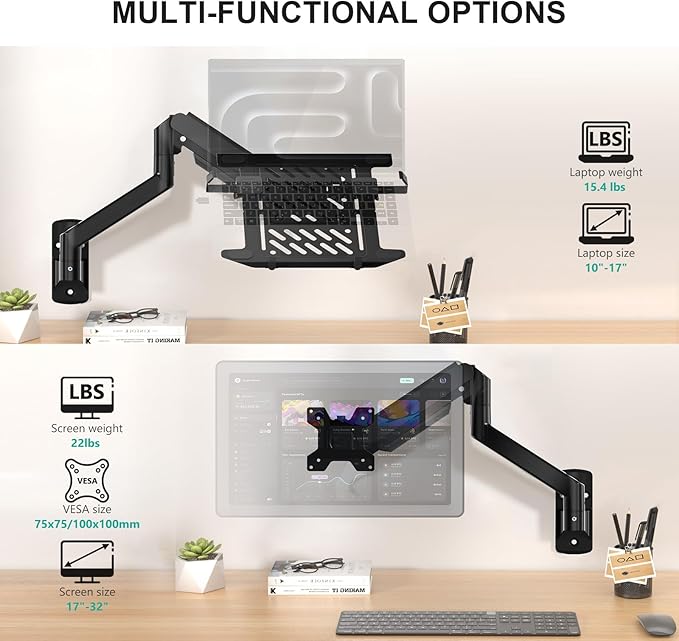 WALI Laptop Wall Mount, Full Motion Adjustable Laptop Arm Fits 10 to 17" Notebook, 2-in-1 Monitor Wall Mount for 17 to 32" Computer Screen, Holds up to 15.4-22lbs(GSWM001NLP), Black
