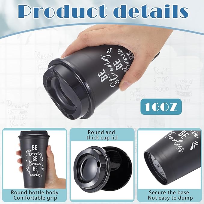 12 Pcs Inspirational Gifts for Employee Coworkers Staff Teammate, 16oz Reusable Plastic Coffee Cups with Positive Sayings, Bundle Gifts for Woman Man Coworker (Black,Inspirational)