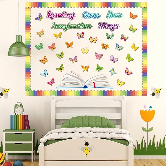 Reading Bulletin Board Decorations Set Classroom Spring Butterfly Bulletin Board Borders Cutouts Decor Reading Gives Your Imagination Wings School Bulletins Boards Craft Home Wall(Read)