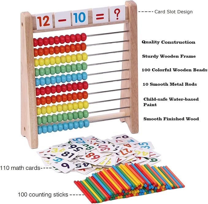Wooden Abacus for Kids - 100 Counting Sticks and Number Toys Cards 1-100, Educational Math Games for Preschool and Elementary School 1st 2nd Grade