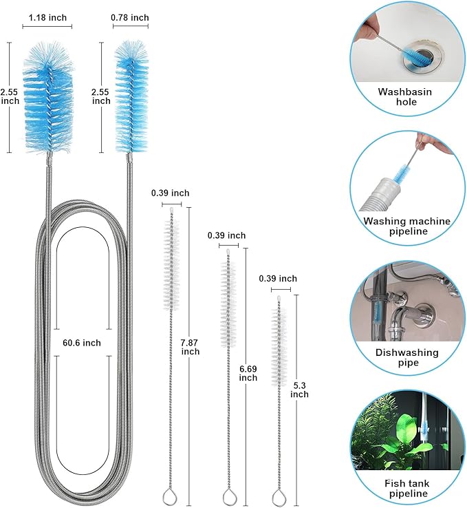61-Inch Extra Long Flexible Drain Brush, Hair Clog Remover Tool for Sink Tub Shower Pipe Cleaner, with 3-Pcs Straw Cleaner Brushes for Eco-Friendly Cleaning