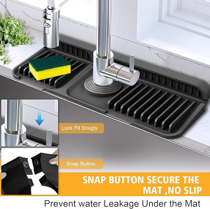 14.6-Inch Kitchen Sink Splash Guard Mat | 7° Slope for Fast Self-Draining | Snap-Lock Design | Universal & Cuttable Silicone Faucet Mat BLACK