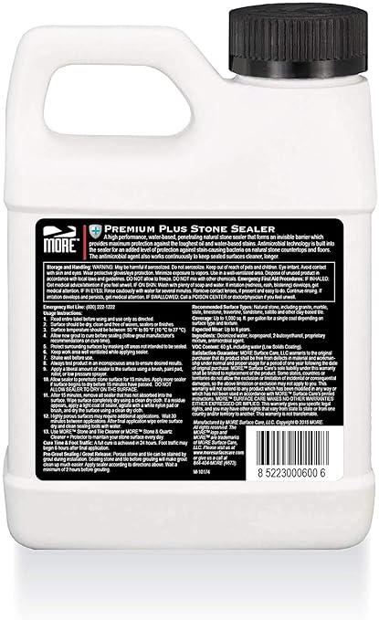 MORE Premium Plus Stone Sealer Protector for Countertops - Natural Stone, Marble, Granite Surfaces - Advanced Formula (Pint / 16oz)