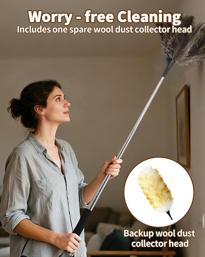 Extendable Ostrich Feather Duster with Bonus Wool Feather Duster Head - Natural Fluffy Non-Slip Handle Feathers Dusters for Cleaning Ceiling Fans, Blinds, Roof Dusting, High Surfaces (18-48 in)