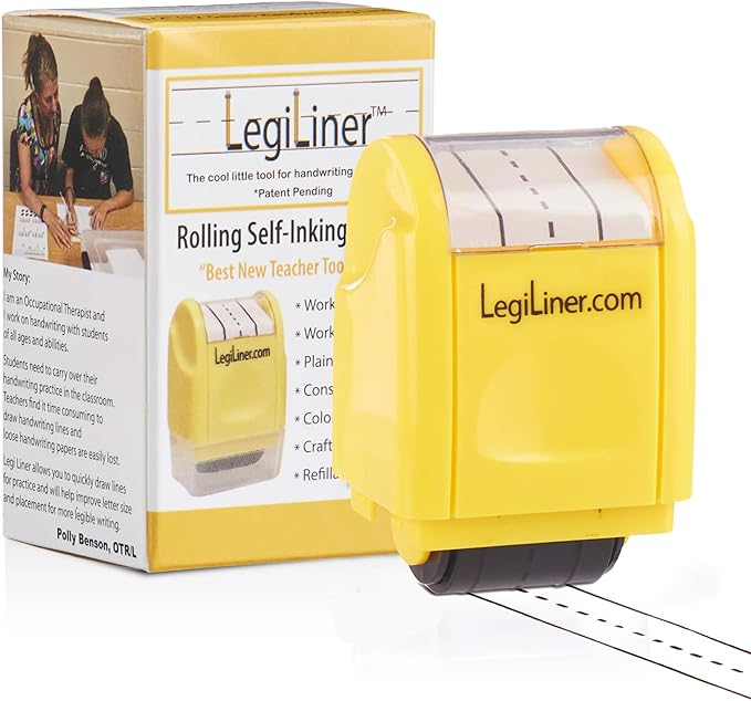 LEGILINER 1/2" Dashed Handwriting Line (Yellow) Teacher Stamp – Tri-Line Dashed Pattern. Classroom & Home Use. Refillable Ink Writing Practice Roller Stamp.
