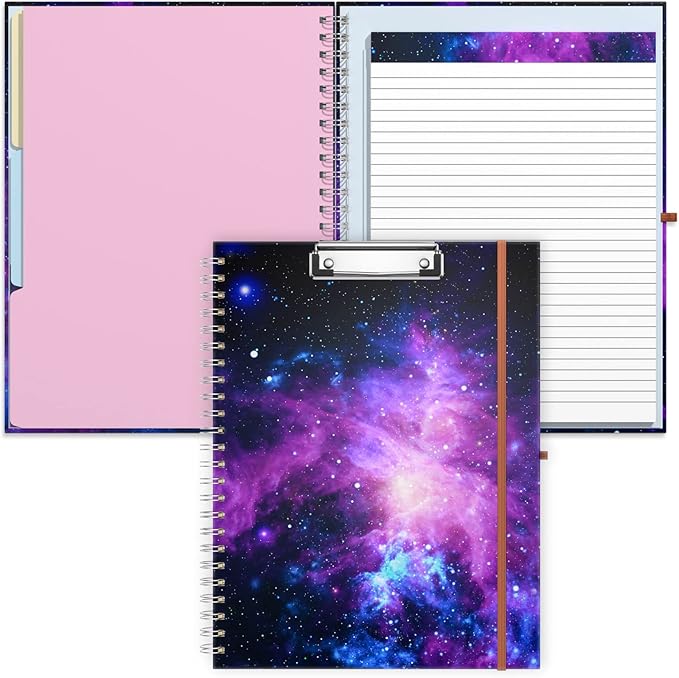 Rimilak Spiral Clipboard Folio with Refillable Lined Notepad, 14.5 x 9.8 In, Hardcover Cover with 5 Interior Pockets, Elastic Band and Pen Loop Series. Cute Stylish Clipfolio, Galaxy