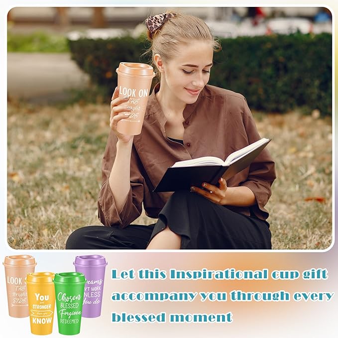 24 Pcs Inspirational Gifts for Employee Coworkers Staff Teammate, 16oz Reusable Plastic Coffee Cups with Positive Sayings, Bundle Gifts for Woman Man Coworker (Pastle Color,Inspirational)