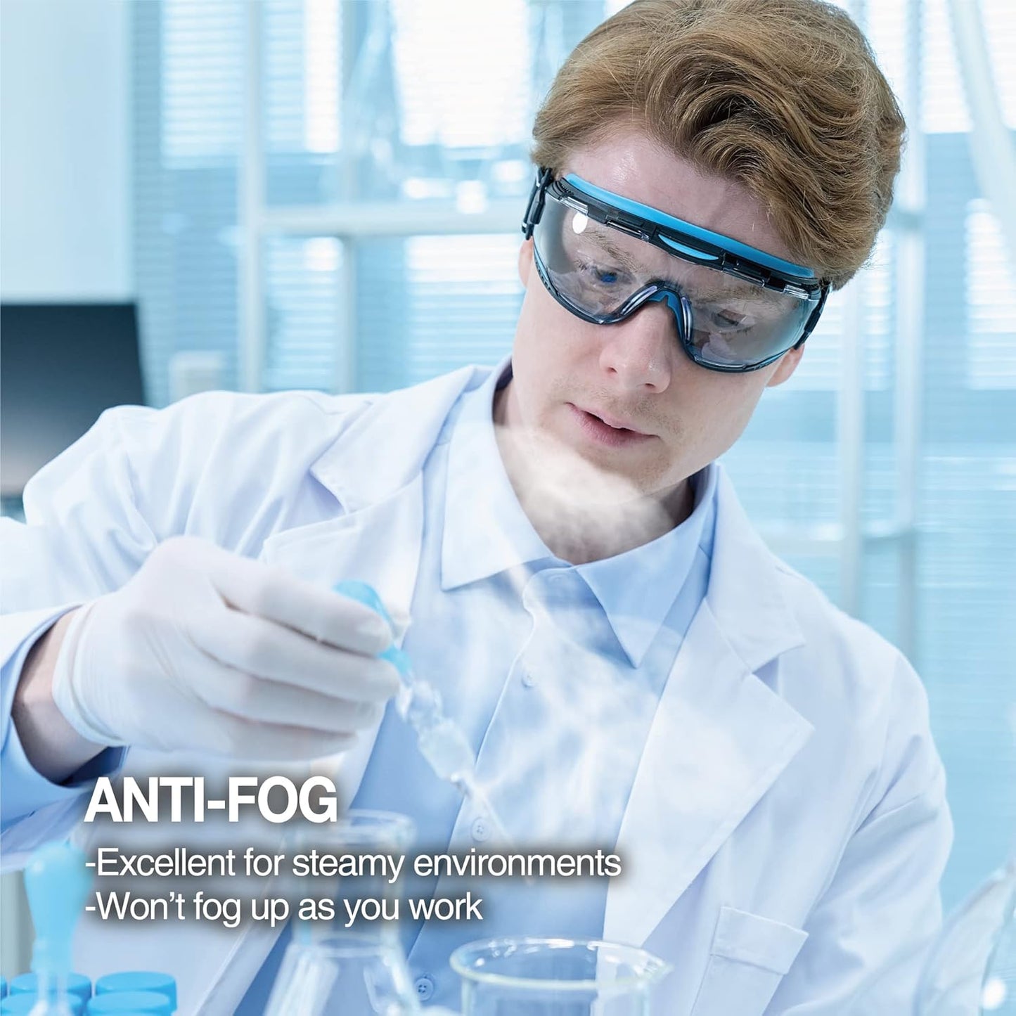 DEX FIT Protective Safety Goggles SG220; Anti Fog & Scratch, Z87 Eye Protection for Lab, Science, and Chemistry Work, Adjustable for Women and Men, (Black & Orange Frame, Clear Lens, 30cm Strap)