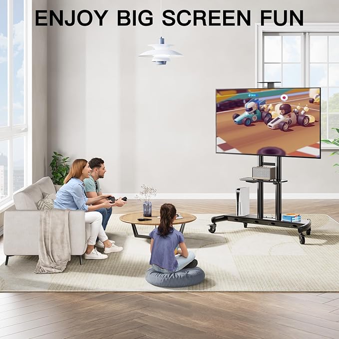 PERLESMITH Mobile TV Stand for 55-90 Inch Flat/Curved Screen TV Max VESA 800x500mm Outdoor TV Cart with Height Adjustable AV Shelf- UL Certificated Rolling Floor TV Stand Holds up to 200Lbs (PSTVMC07)