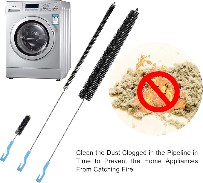 Dryer Lint Cleaner Kit, 3Pcs Nylon Bristle Brush, Flexible Stainless Steel Handle, for Cleaning Vent Trap & Refrigerator Coil