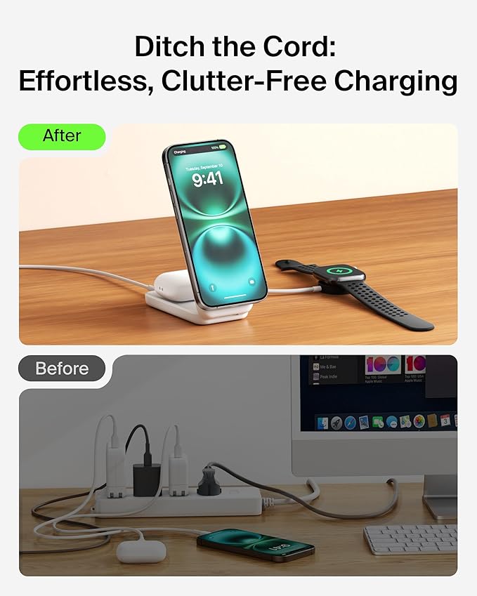 Belkin MagSafe Charger Compatible, 2-in-1 Charging Station, Qi2.2 25W Magnetic Wireless Charger Dock, Foldable Stand, with 5W USB-C Port, for iPhone 17/16/15, Pixel 10, AirPods (45W Adapter Included)