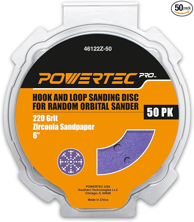 POWERTEC PRO 50PK, 6 Inch 49 Holes Sanding Disc, 220 Grit, Zirconia Hook and Loop Film Backing Sandpaper for Festool Random Orbital Sanders - Automotive, Paint, Metal, Woodworking (46122Z-50)