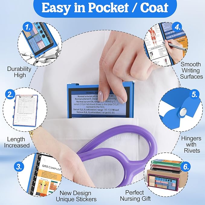 Nursing Clipboard Foldable-4 Layers Aluminum Nurse Foldable Clipboard Nursing Medical Edition Cheat Sheets, Pocket Size Pen Clip for Nurses Students School and Doctors- Blue