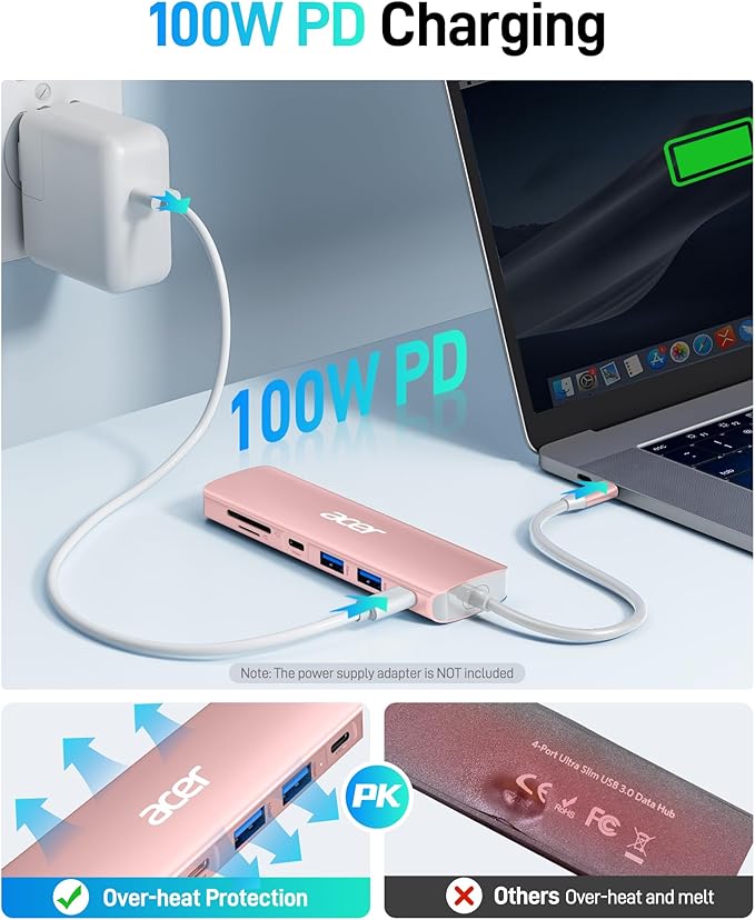 Acer USB C Hub, 7 in 1 USB-C to HDMI Multi-Port Adapter, 2 USBA 3.1 GEN1 and 5Gbps Type-C Data Port, 4K HDMI Port, PD 100W Charging, SD Card Reader for iPad Pro MacBook Pro Laptops and More(Pink)