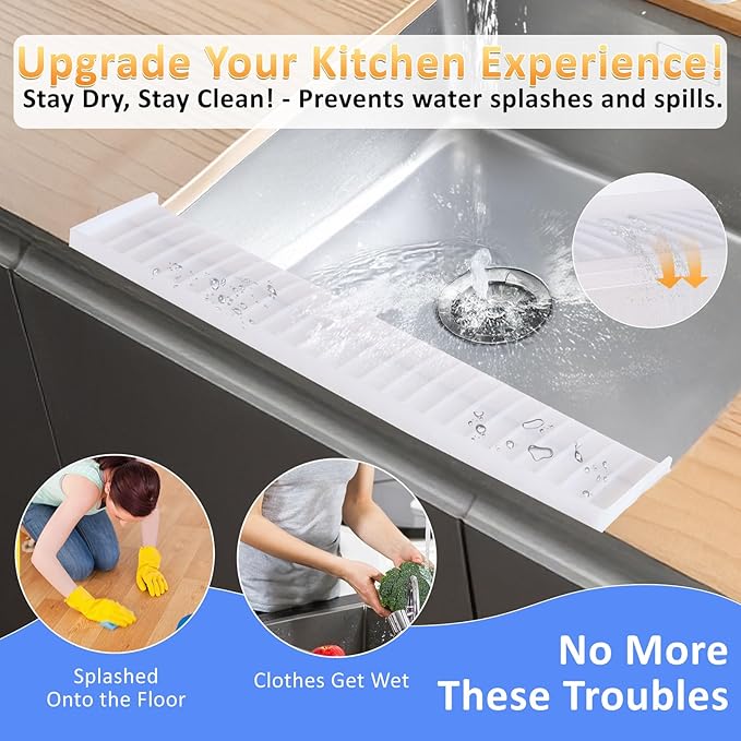 Sink Edge Protector with Suction Cup 14“ 20” 30", Silicone Sink Splash Guard for Kitchen & Bathroom, Protect Countertop from Scratches, Stains, for Stainless Steel Granite Quartz-Clear