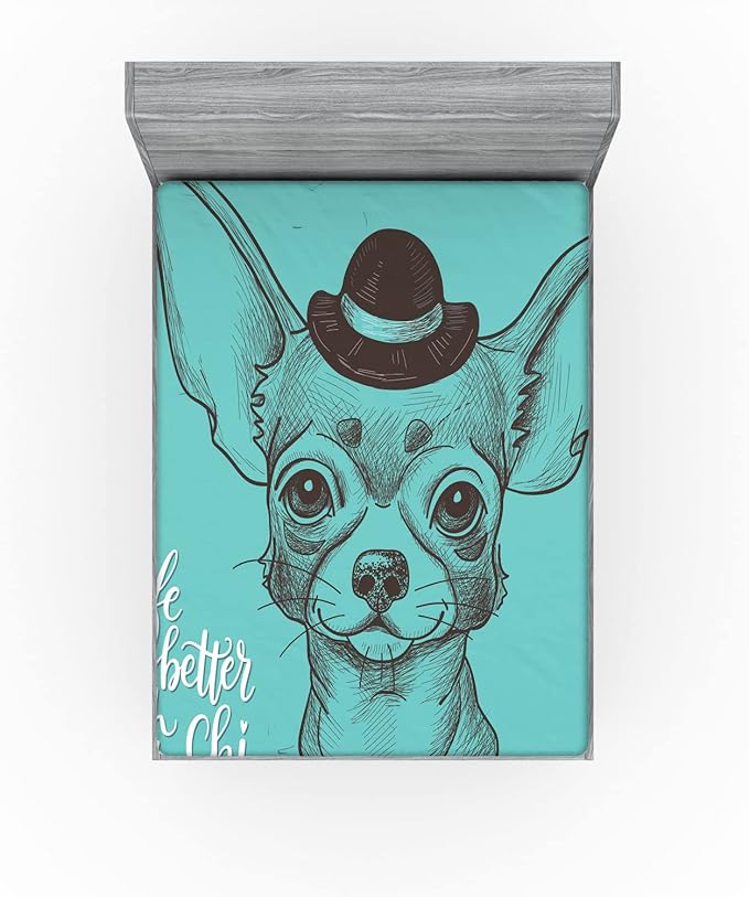Ambesonne Chihuahua 2 Pack Fitted Sheet, Life is Better with a Chi, Bed Cover All-Round Elastic Deep Pockets 2 Pieces, Package Contains 2 Queen Size Fitted Sheets, Seafoam Taupe and White