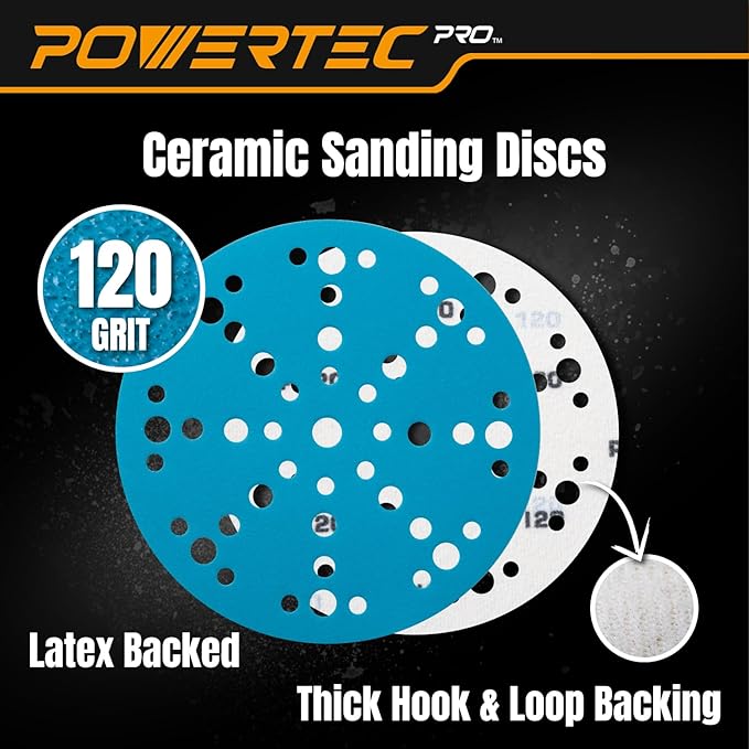 POWERTEC PRO 50PK, 6 Inch 49 Holes Hook and Loop Sanding Disc, 120 Grit, Ceramic Hook and Loop Backing Discs for Festool Random Orbital Sanders - Automotive, Paint, Metal, Woodworking (46112C-50)