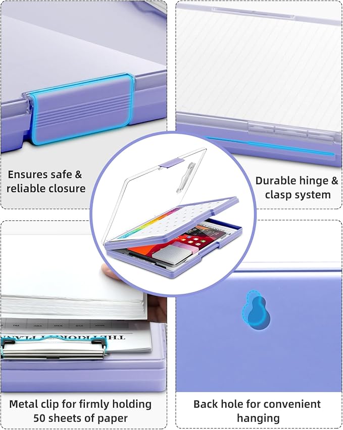 Clearview Clipboard with 2 Storage, Dry Erase 8.5x11 Heavy Duty ClipBoards - High Capacity Coaches Clip Board with Pen Holder - Side Opening Plastic Nursing Clip Case (Light Purple)