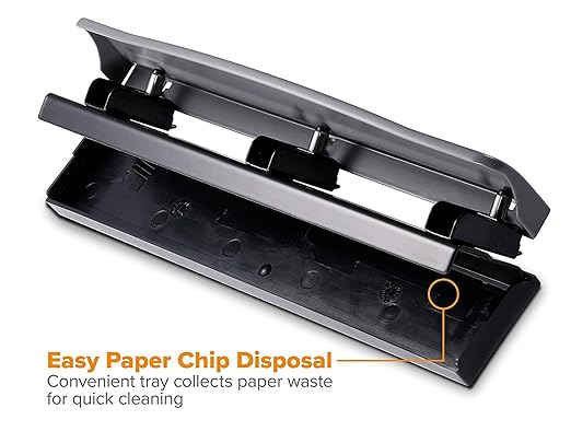 Bostitch Office Premium 3 Hole Punch, 12 Sheet Capacity, Metal, Rubber Base, Easy-Clean Tray, Silver, Gray