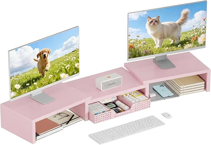 OPNICE Desk Organizers and Accessories, Dual Computer Monitor Stand Riser with Drawer, Office Decor for Women, Office Desk Accessories & Workspace Organizers, Pink