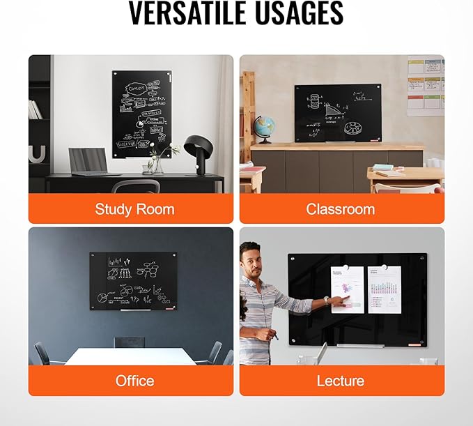 VEVOR Magnetic Glass Whiteboard, Dry Erase Board 36"x24", Wall-Mounted Large White Glassboard Frameless, with Marker Tray, an Eraser and 2 Markers, Black