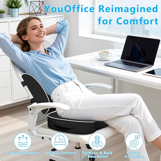 Ergonomic Memory Foam Seat Cushion & Lumbar Support Pillow Set, Orthopedic Coccyx Cushion for Office Chair, Car, Home – Relieves Back, Sciatica & Tailbone Pain, Improves Posture Black/Large