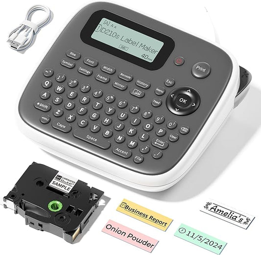 Label Maker Machine with Tape, Label Maker Waterproof Labels 12mm, D210s Laminated Labeler Machine, Multi Icons Borders & One-Touch Keys, Labelmaker for Home Use/School Office Supplies