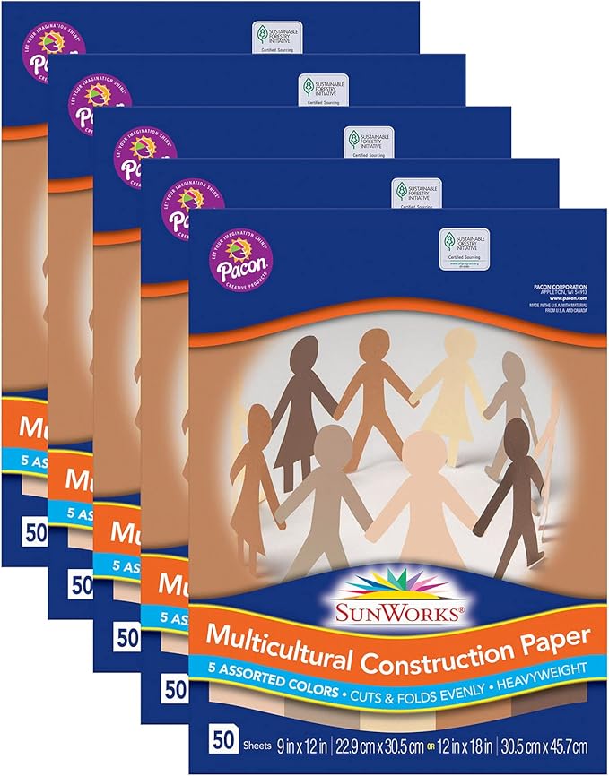 SunWorks® Multicultural Construction Paper, 5 Assorted Colors, 9" x 12", 50 Sheets Per Pack, 5 Packs