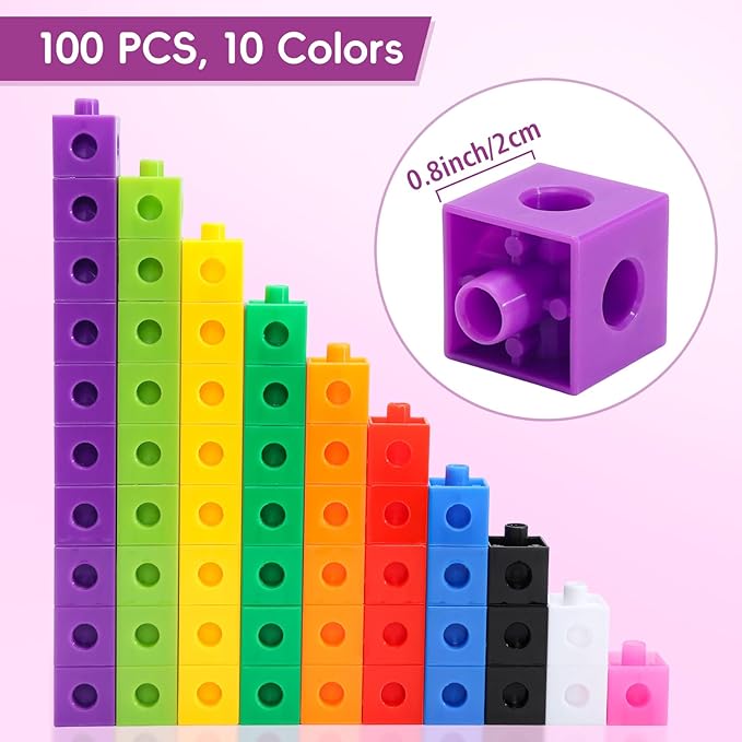 100 Pcs Math Linking Cubes - 10 Colors Connecting Counting Snap Blocks, Math Manipulatives for Early Math & Construction, Educational Toy for Preschool, Kindergarten, Homeschool