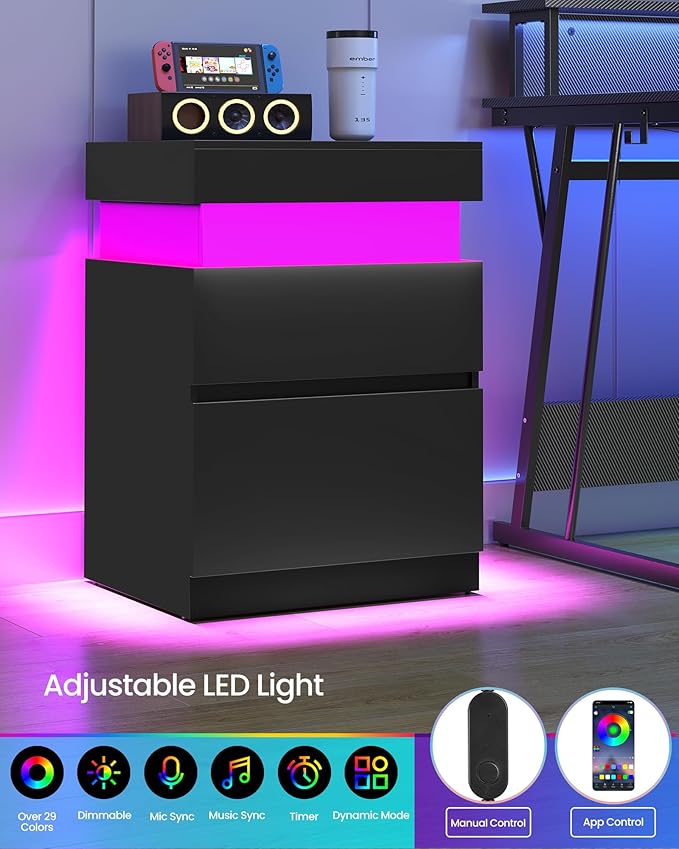 VASAGLE Kailyn Collection - Nightstands with Power Outlets, Sliding Lid, Modern Bedside Tables with LED Lights, End Tables, 2 Drawers, Set of 2, 15.7 x 18.9 x 26.8 Inches, Ink Black ULET650BC01S-2J